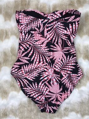 Orange & Black Palm Leaf Tropical Strapless One-Piece Swimsuit. Size 14